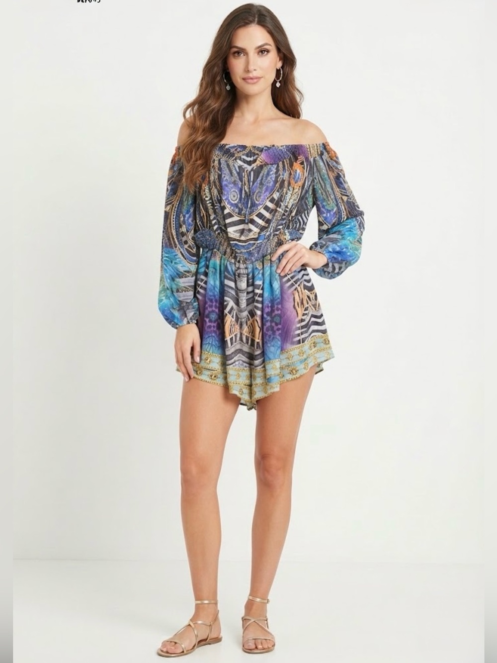 NEW GarnerStyle x FTF Multi-Color Printed Off-The-Shoulder Romper Dress – Size 1
